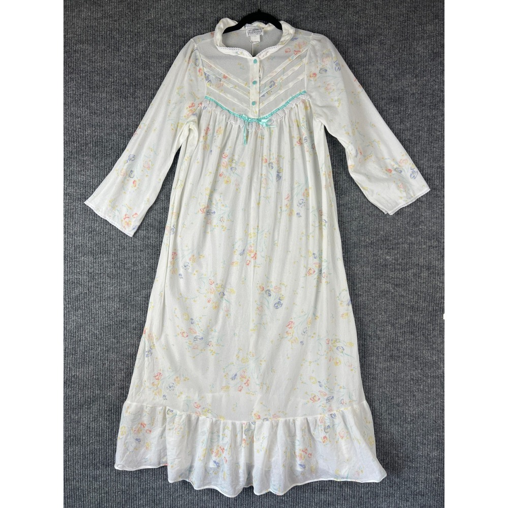 Vintage 80s Featherbed NY Floral Nightgown L Maxi Cottagecore Romantic Sheer